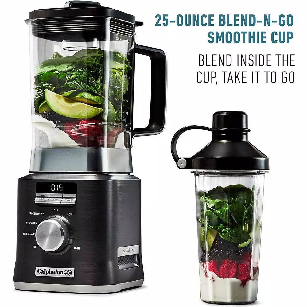 Calphalon 1100-Watt Auto-Speed Blender with 67 oz. Tritan Jar and Blend-N-Go Cup, Dark Stainless Steel