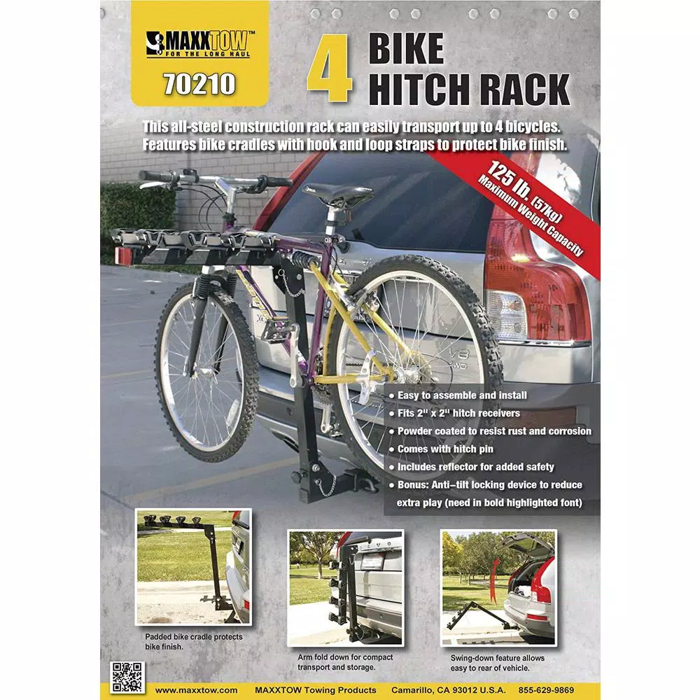 MaxxHaul 4-Bike Deluxe Hitch Mount Rack, 150 lb Capacity, 2 in. Receiver