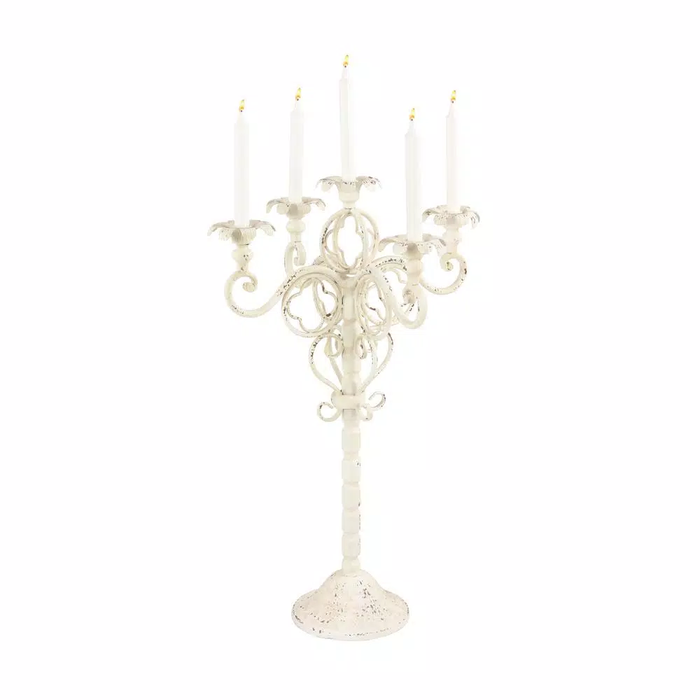 LITTON LANE Tall Vintage White Metal Candelabra with Scrolled Arms - 30 inch