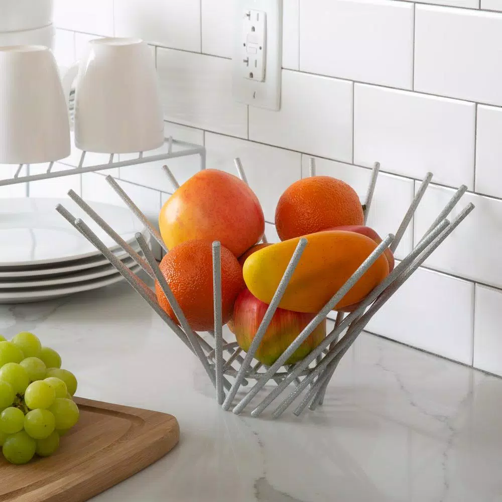 Laura Ashley Speckled Fruit Basket, White Iron Round Countertop Display
