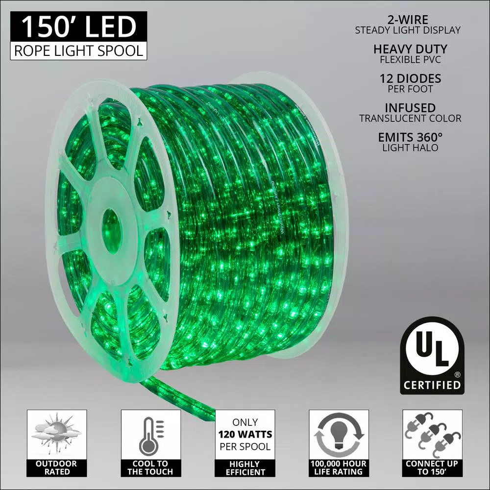Wintergreen Lighting 150 ft. Green LED Rope Light Kit, 1800 Lights, Dimmable & Weather Resistant