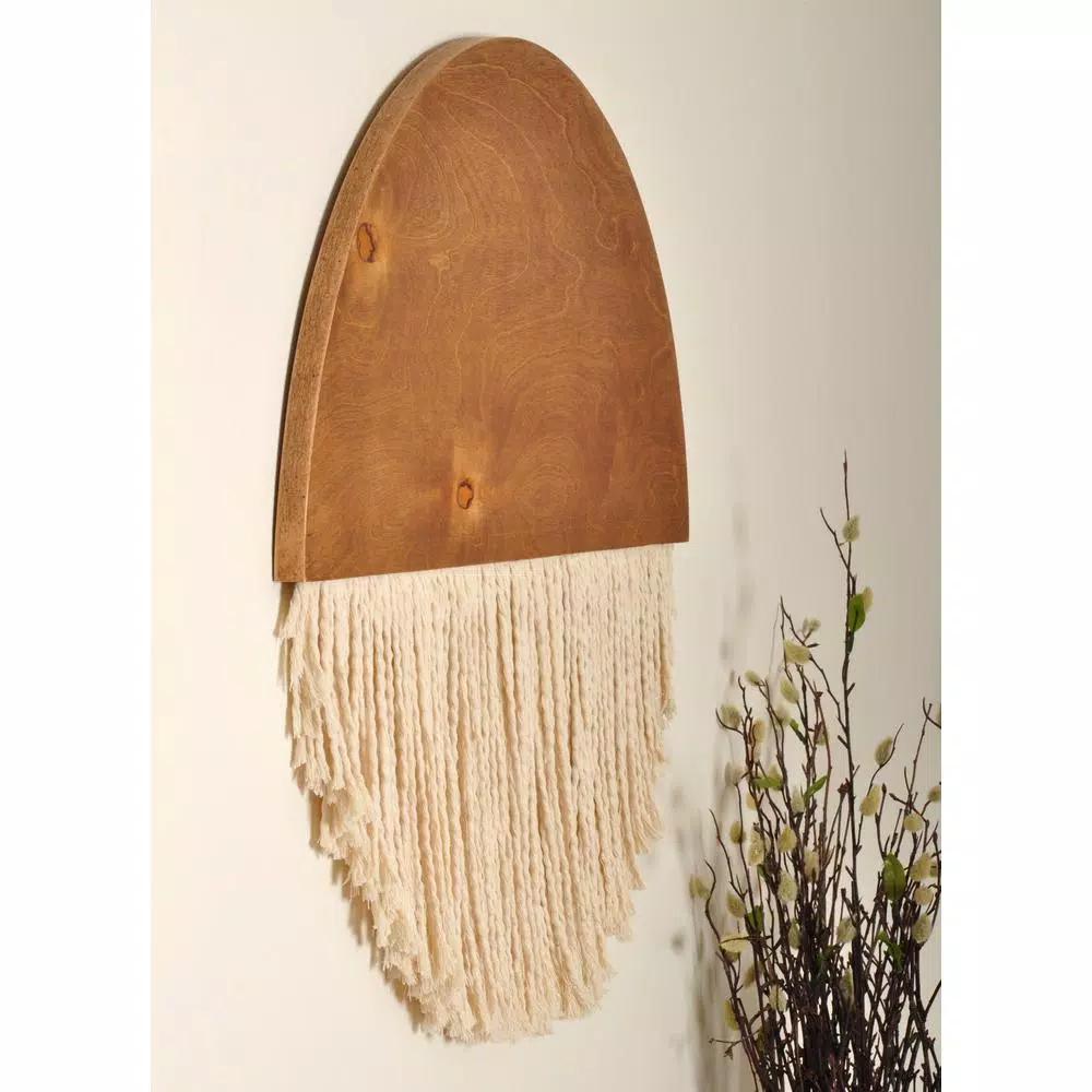 BrandtWorks 18 in. Wooden Round Fiber Art Wall Hanging - Bohemian Chic Handmade Cotton & Birch Wood Decor