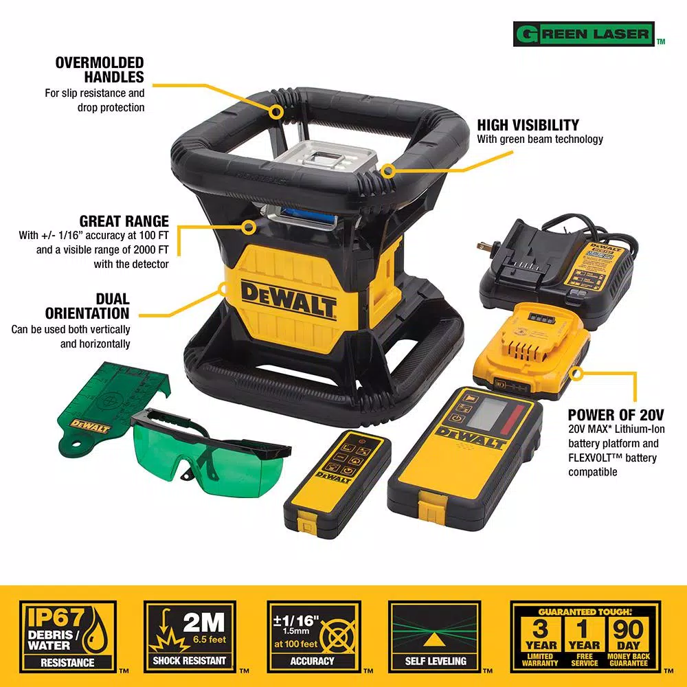 DEWALT 20V MAX Green Beam Self-Leveling Rotary Laser Level Kit with (3) 2Ah Batteries & TSTAK Case