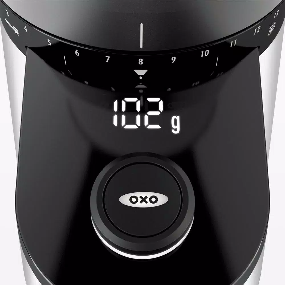 OXO Black Stainless Steel Burr Coffee Grinder with Integrated Scale, 12 oz. Capacity