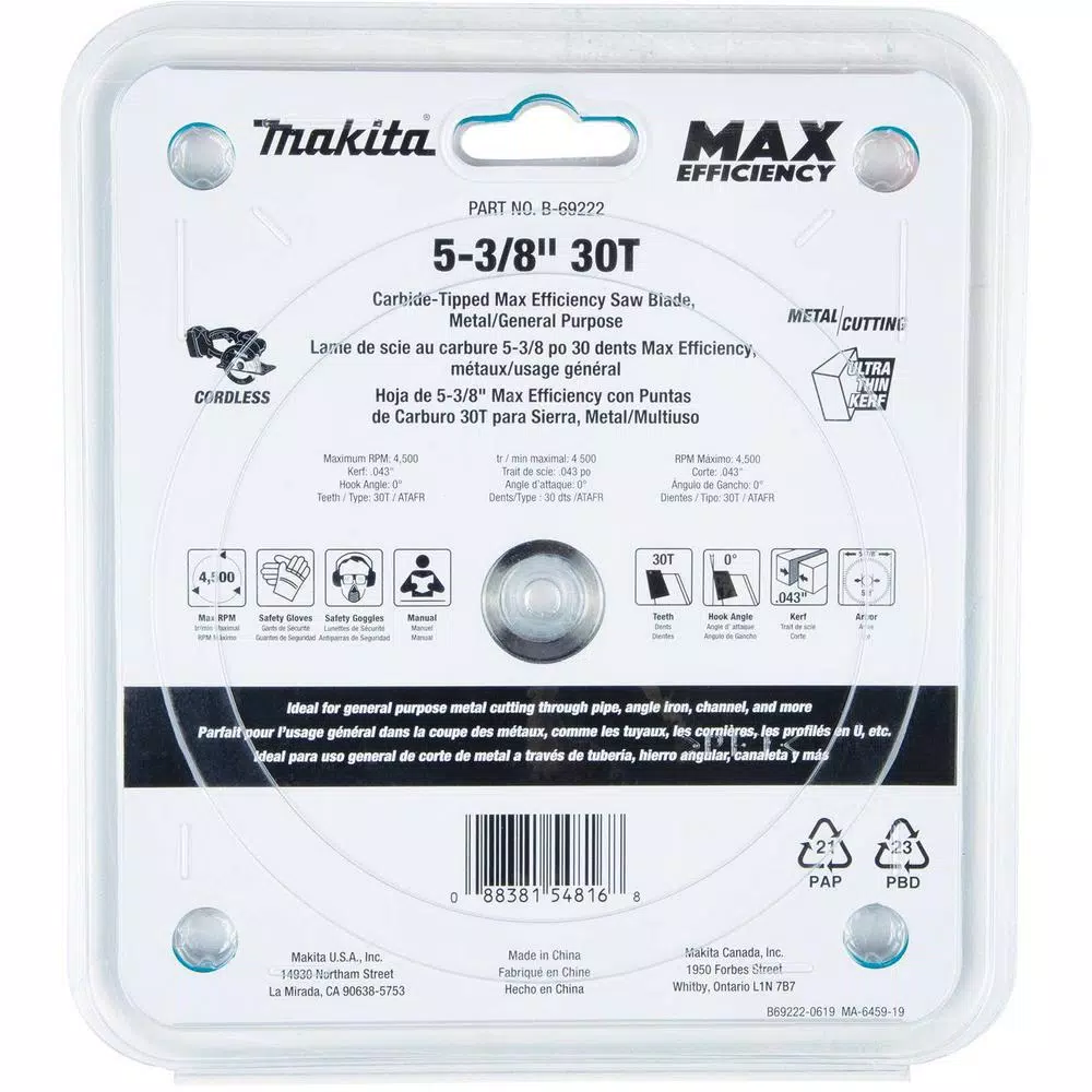 Makita 5-3/8 in. 30T Max Efficiency Carbide-Tipped Saw Blade for Metal and General Purpose