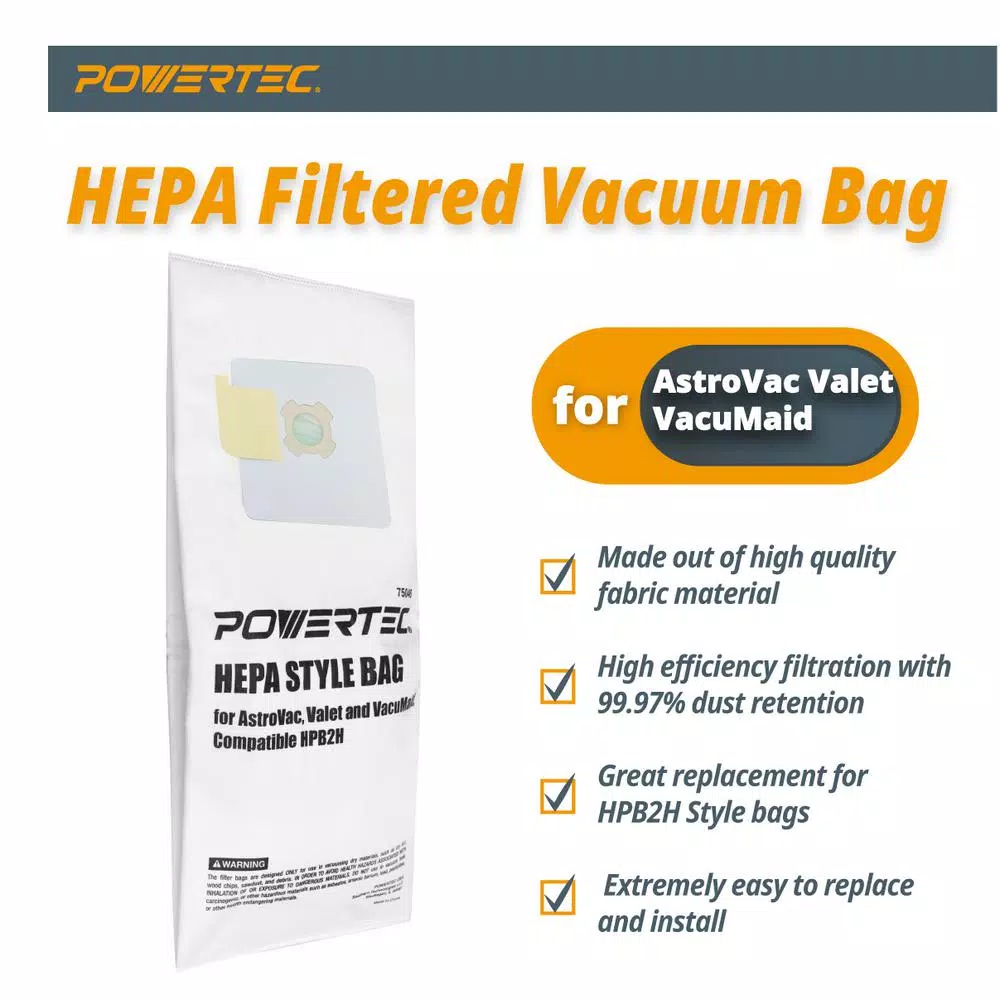POWERTEC HPB2H HEPA Filter Replacement Vacuum Bags for AstroVac, VacuMaid, and Valet (3-Pack)
