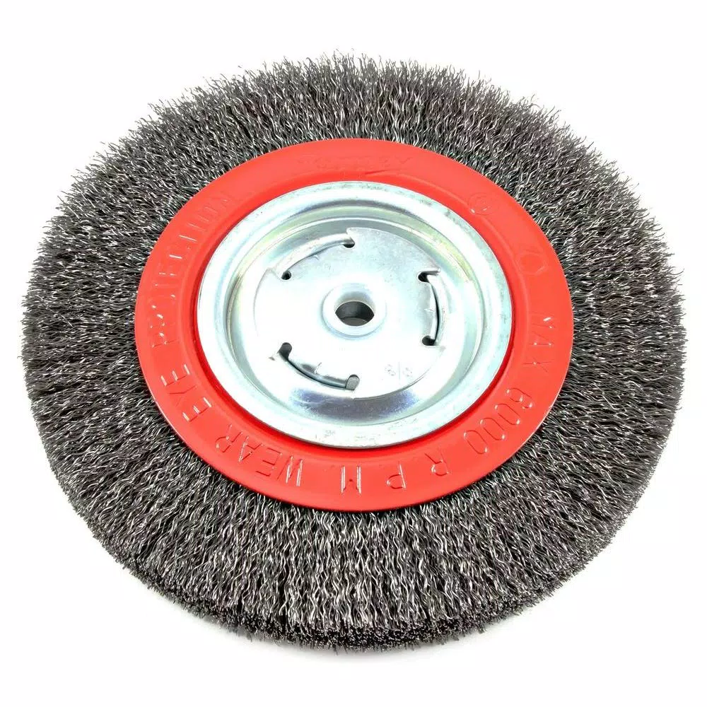 Forney 8 in. Wide Face Crimped Wire Bench Wheel Brush, 1/2 in. and 5/8 in. Arbor