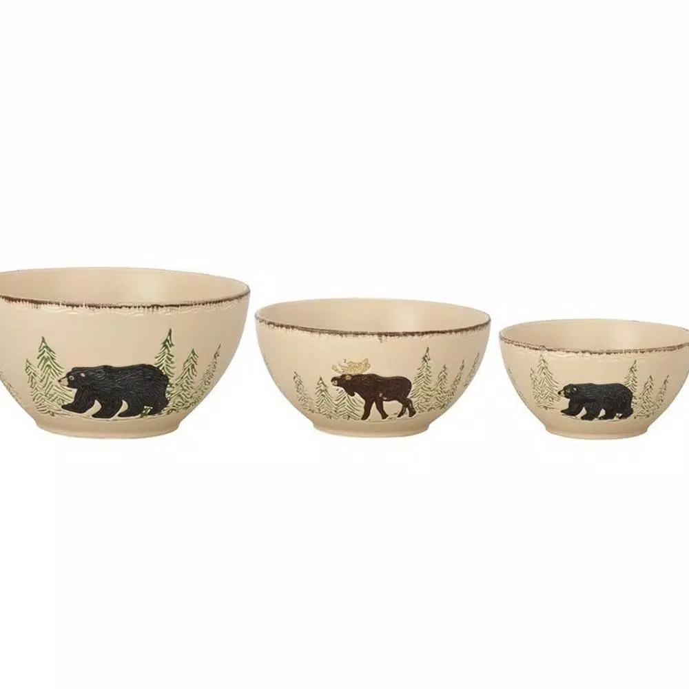 Park Designs Rustic Retreat 3-Piece Ceramic Mixing and Serving Bowl Set with Sgraffito Design