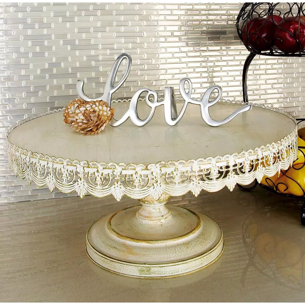 LITTON LANE 22 in. Round Iron Cake Stand with Floral Bunting Overhang, Whitewashed & Rust Brown