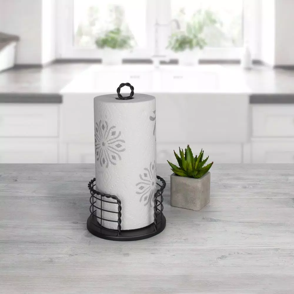 Spectrum Everly Braided Steel Paper Towel Holder, Black Farmhouse Kitchen Decor