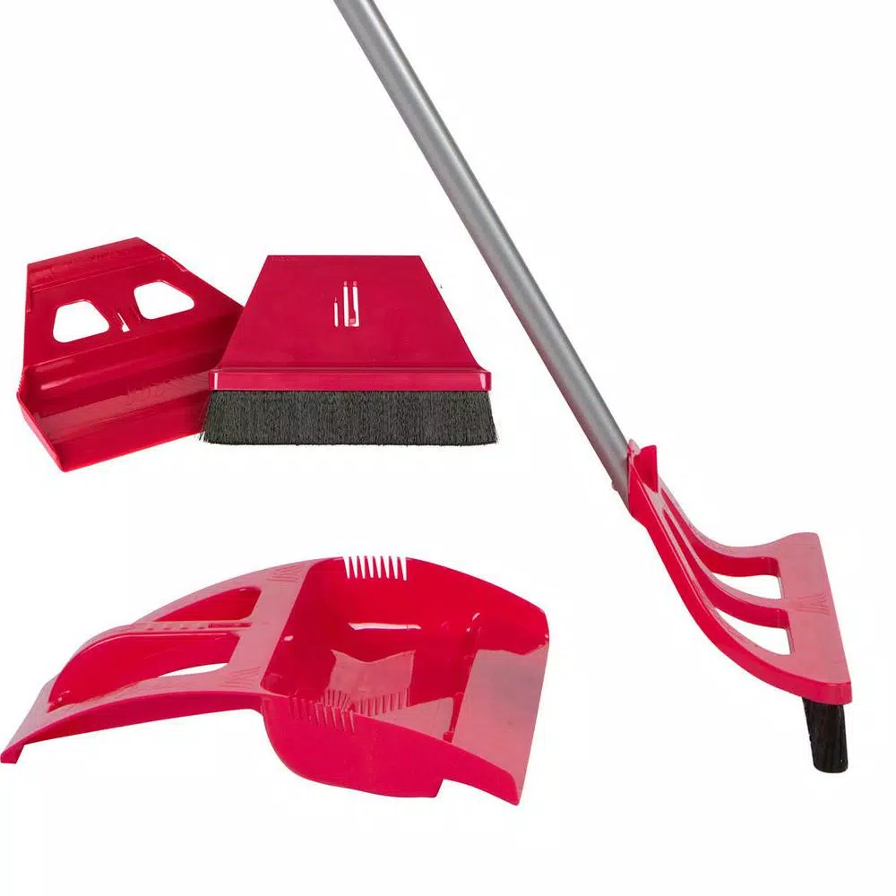 WISP 5-Piece Cleaning Set - Red Telescoping Broom with Foot-Operated Dustpan and Mini Brush Set