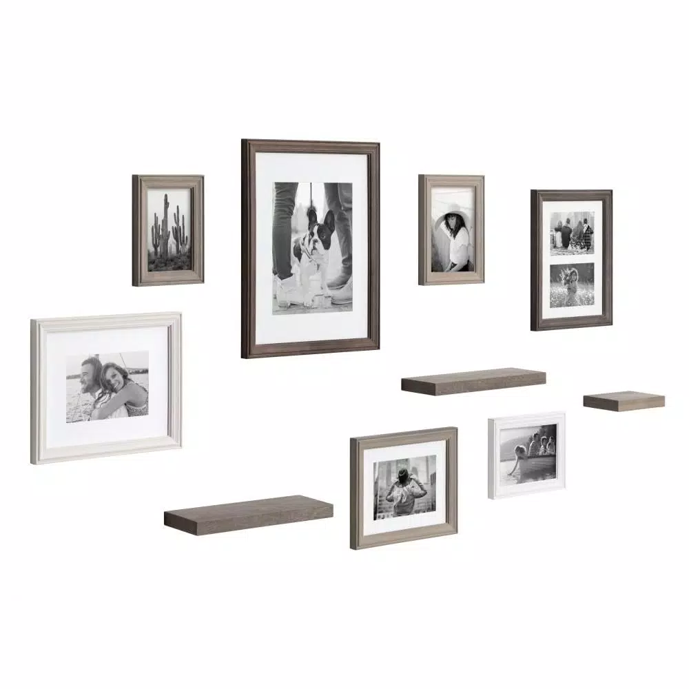 Kate and Laurel Bordeaux Rustic Farmhouse Gallery Wall Frame and Shelf Set, 10-Piece Multi/Gray Wood Collection