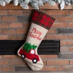 Glitzhome 21 in. Embroidered Linen Christmas Stocking - Red Truck, Tree & Plaid Design thumbnail 8