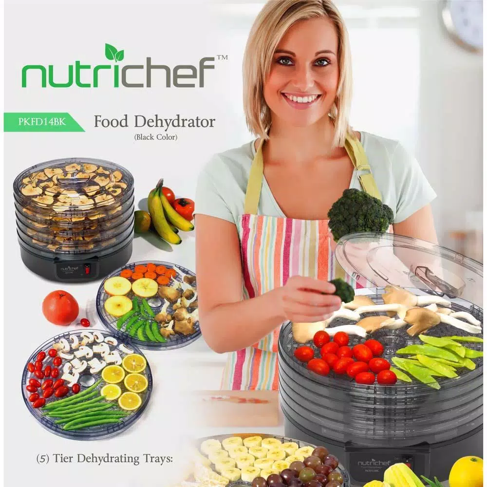 NutriChef 5-Tray Electric Countertop Food Dehydrator, Black