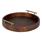 Kate and Laurel Lipton 18 in. Round Walnut Brown Decorative Wood Tray with Metal Handles thumbnail 1