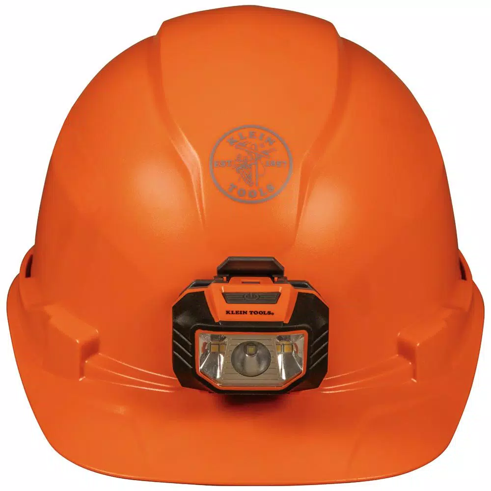 Klein Tools Orange Non-Vented Hard Hat with Integrated Headlamp and Ratchet Suspension