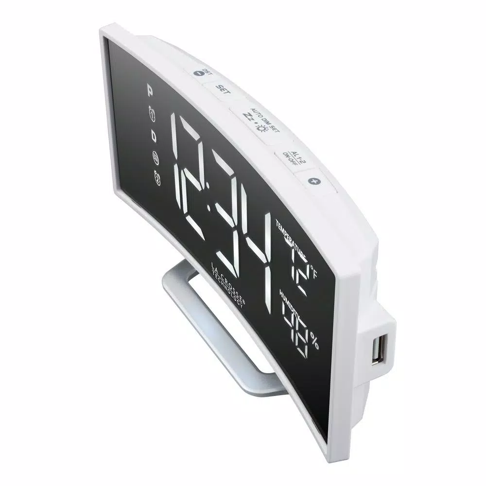 La Crosse Technology Curved Mirror LED Digital Alarm Clock with Temperature, Humidity, and USB Charging Port
