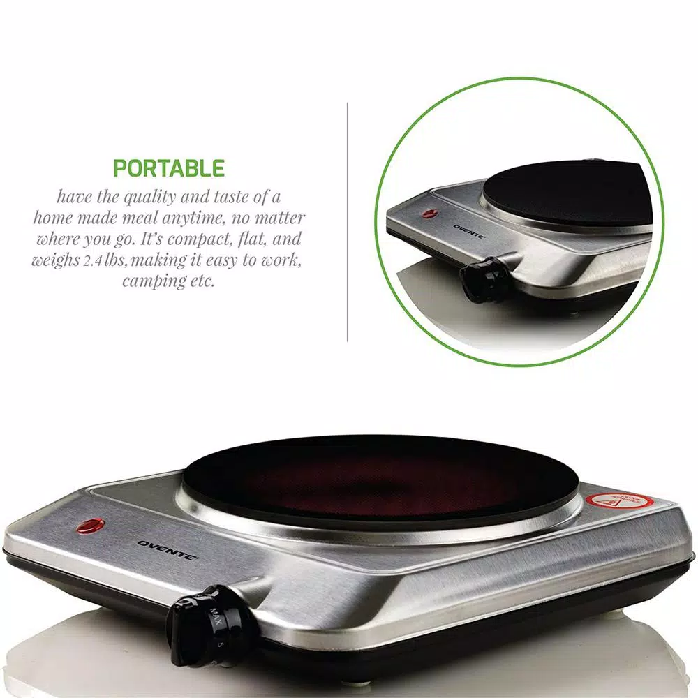 Ovente 1000W Single Hot Plate Electric Infrared Glass Cooktop Burner, 7 in., Silver