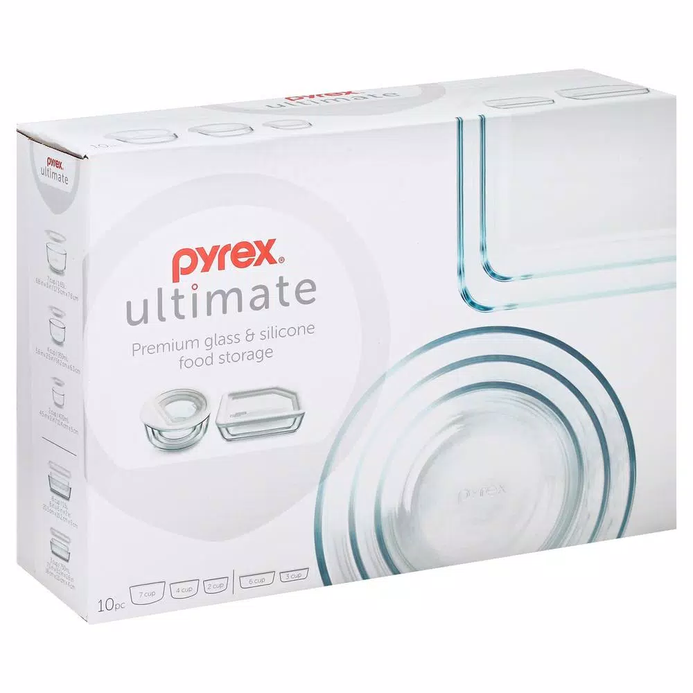 Pyrex Ultimate 10-Piece Glass Food Storage Set with Oven-Safe Glass Lids and White Silicone Rims