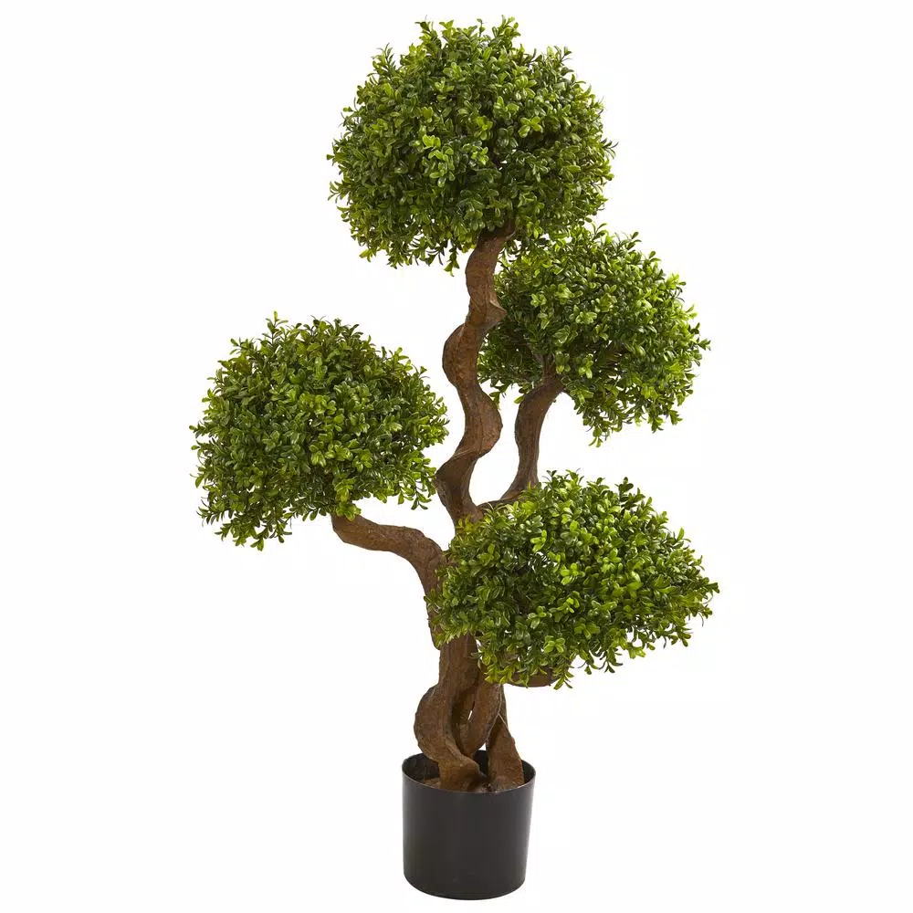 Nearly Natural 3.5 Ft. Four Ball Boxwood Artificial Topiary Tree with Black Planter