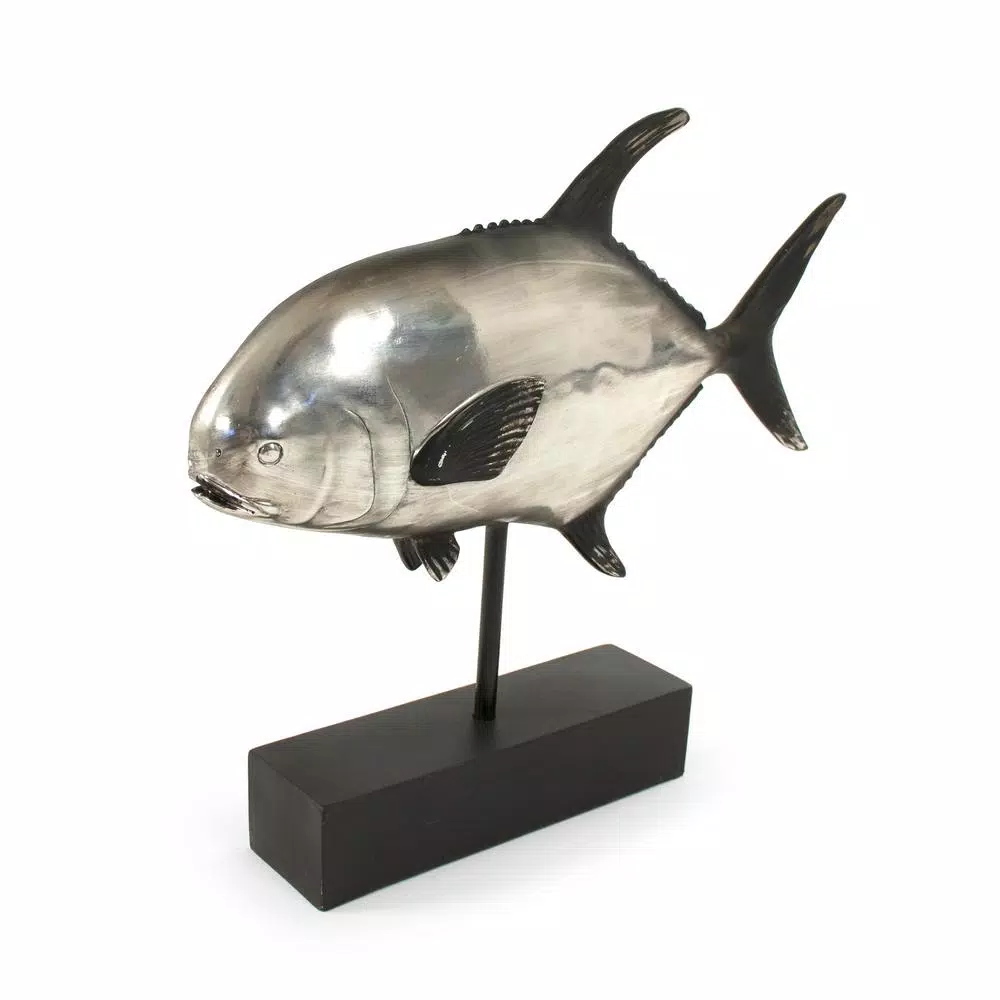 Zentique Resin Metallic Silver and Black Pompano Fish Sculpture on Black Stand