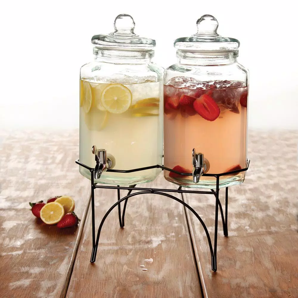 Gibson Home Party Duo Twin 4 Qt. Glass Beverage Dispenser Set with Stand