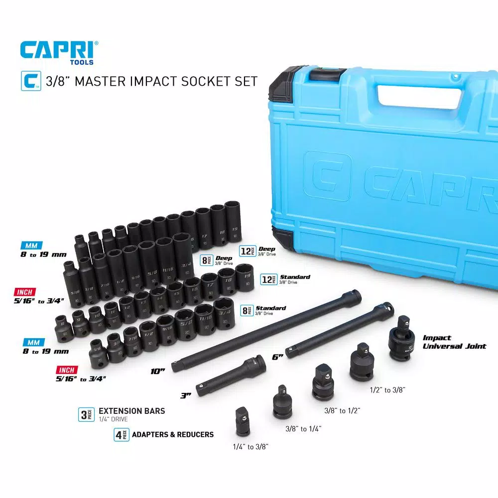 Capri Tools 48-Piece 3/8 in. Drive SAE/Metric Master Impact Socket Set with Adapters and Extensions