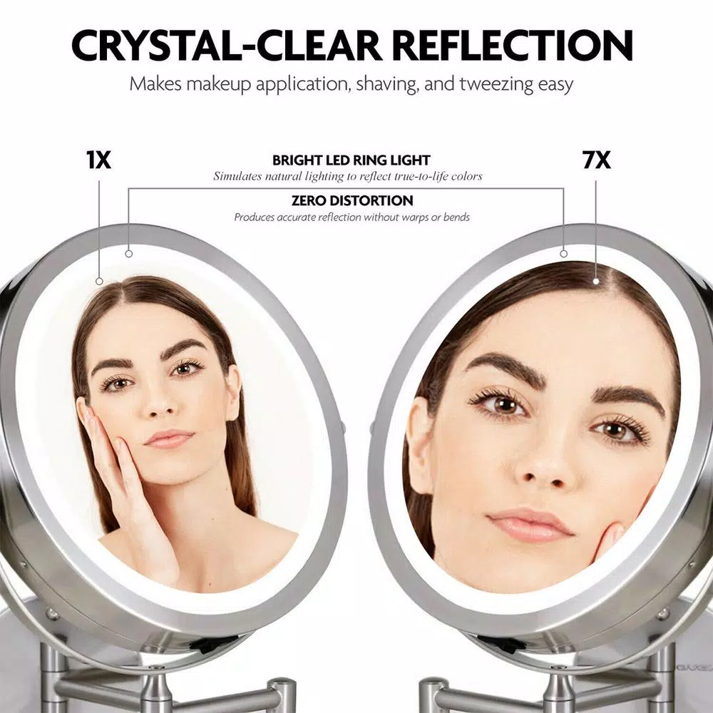 Ovente 13.2 in. Wall Mount LED Vanity Mirror, 1x/7x Magnification, Brushed Nickel
