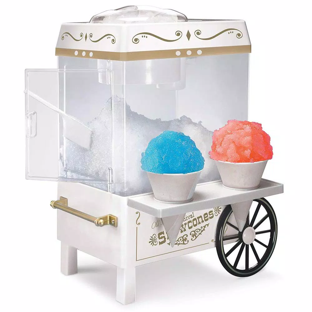 Nostalgia 160 oz. Countertop Snow Cone Maker with Stainless Steel Blades and Reusable Cones - White