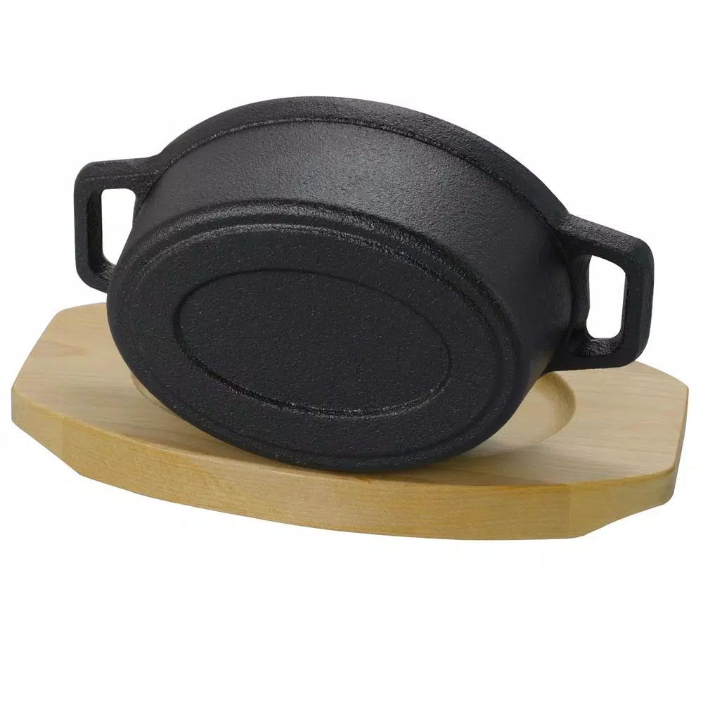 Gibson Home Campton 0.35 qt. Oval Cast Iron Mini Casserole Dish with Lid and Wood Base, Black
