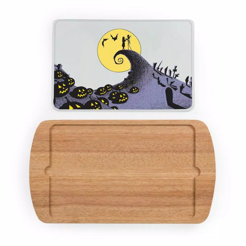 TOSCANA Jack and Sally Billboard 17 in. Glass Top Serving Tray & Rubberwood Cutting Board