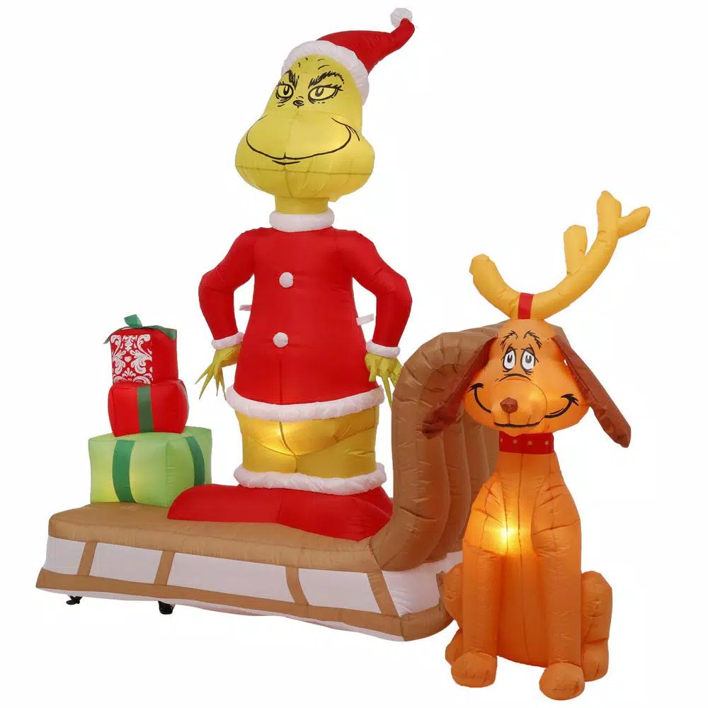 Gemmy 6 ft. Airblown Inflatable Grinch and Max on Sled Holiday Scene with LED Lights