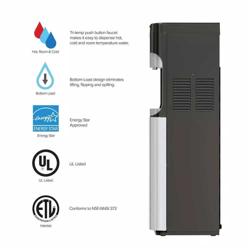 Brio Essential Series Bottom Loading Water Dispenser, Tri-Temp Hot/Cold/Room Temp, Black & Stainless Steel