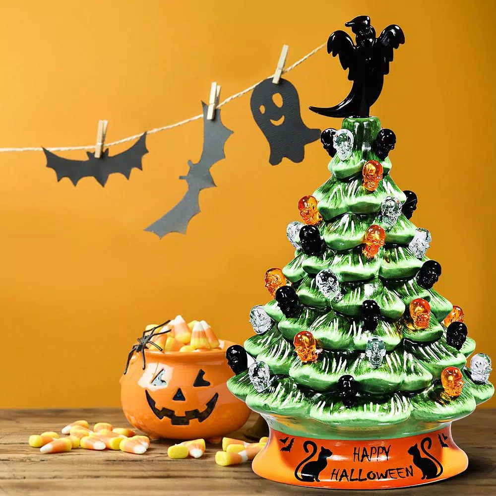 Costway 11.5 in. Green Ceramic LED Haunted Halloween Tree with Ghost and Skeleton Accents