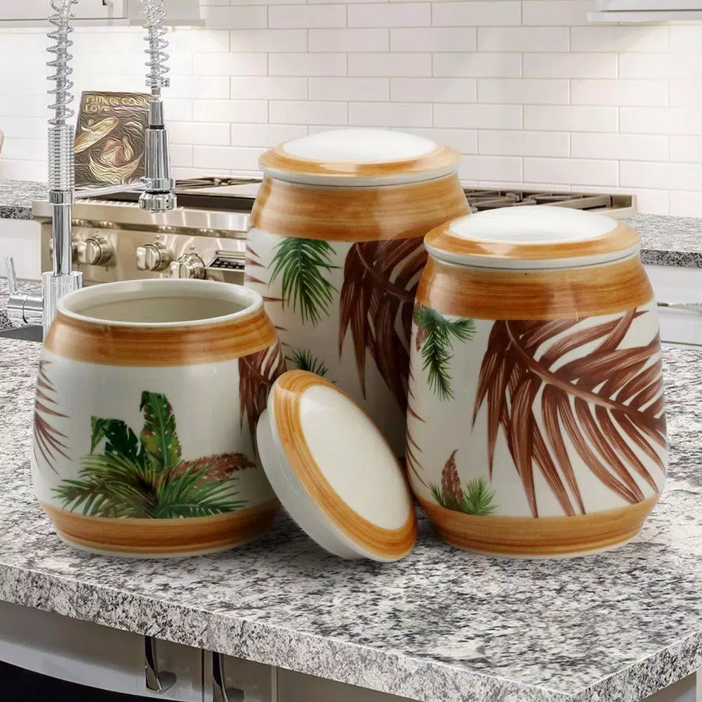 Elama Paradise Palms Sand 3-Piece Ceramic Kitchen Canister Set with Airtight Lids