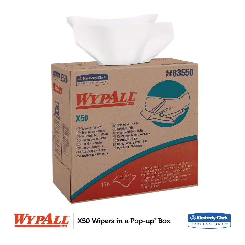 WYPAll X50 Reusable Wipes, White Pop-Up Box, 176 Count, 10 Boxes Per Carton