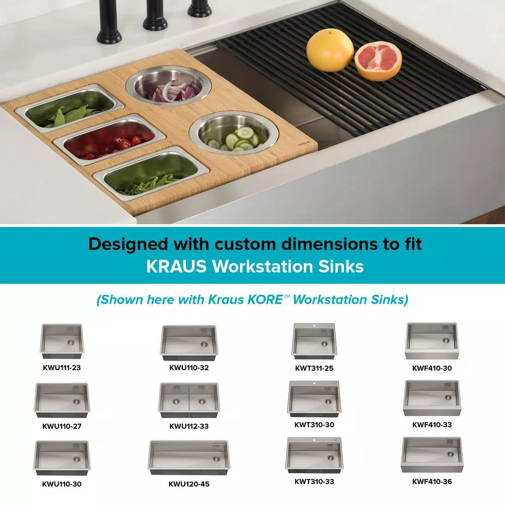 Kraus Workstation Kitchen Sink Accessory Set - Bamboo Serving Board & 5 Stainless Steel Prep Bowls