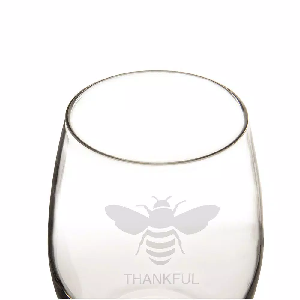 Cathy's Concepts Bee Thankful Stemless Wine Glasses, Set of 4, 21 oz. Hand-Blown Glassware