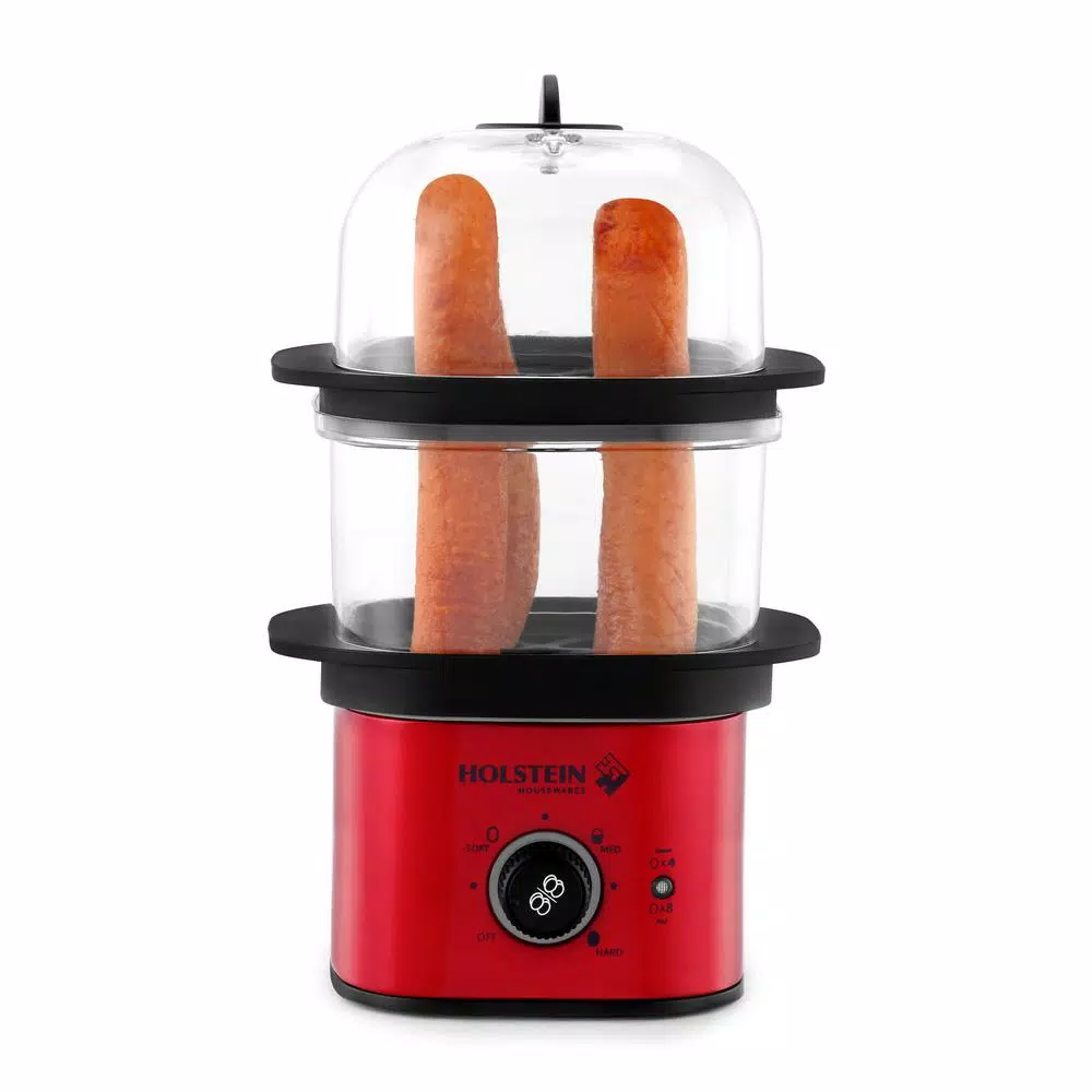 HOLSTEIN HOUSEWARES Holstein 2-Tier Egg Cooker, 8-Egg Capacity, Metallic Red and Black