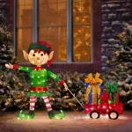 Haute Decor 42 in. Christmas Elf Pulling Wagon with 100 Warm White LED Lights, Outdoor Holiday Sculpture thumbnail 2