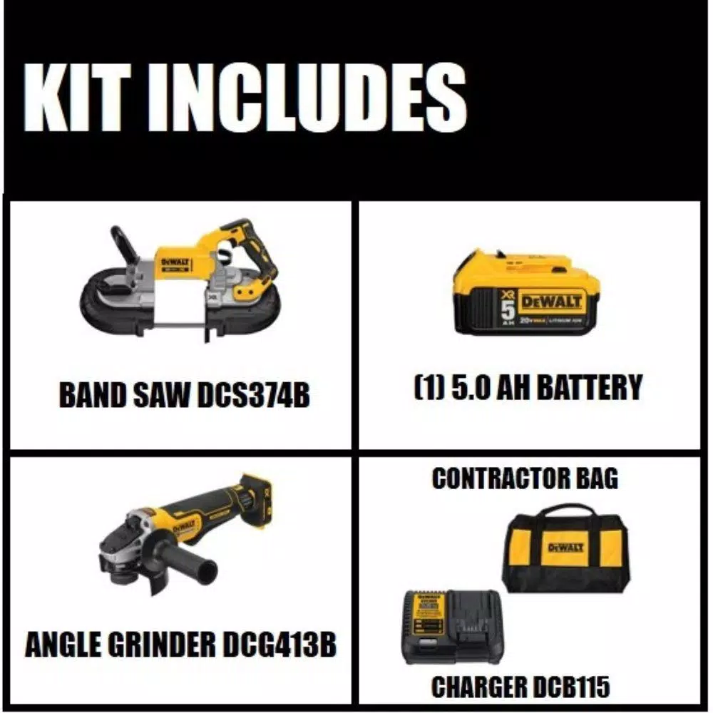 DEWALT 20V MAX XR Cordless Brushless Deep Cut Band Saw & 4-1/2 in. Grinder Kit with 5.0Ah Battery and Charger