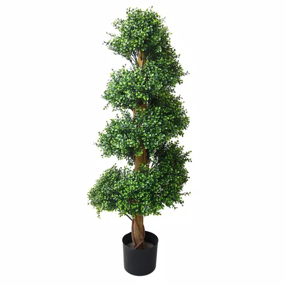 Earth Worth 48 in. Artificial Boxwood Topiary Tree - UV-Resistant Spiral Potted Plant