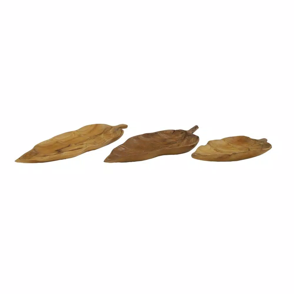 LITTON LANE Large Rustic Leaf-Shaped Natural Teak Wood Serving Trays, Set of 3