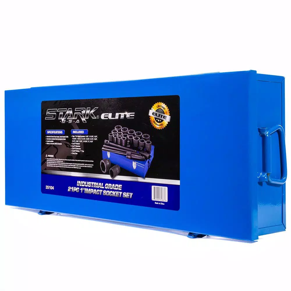 Stark 1 in. Drive Cr-Mo Steel 6-Point SAE Deep Impact Socket Set with Extensions and Case, 21-Piece