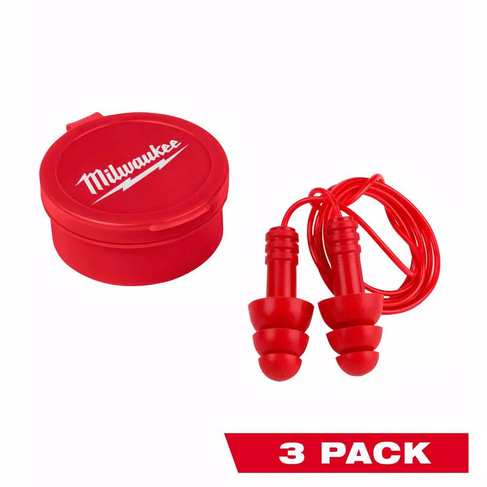 Milwaukee Corded Reusable Red Earplugs, 26 dB NRR (3-Pack)