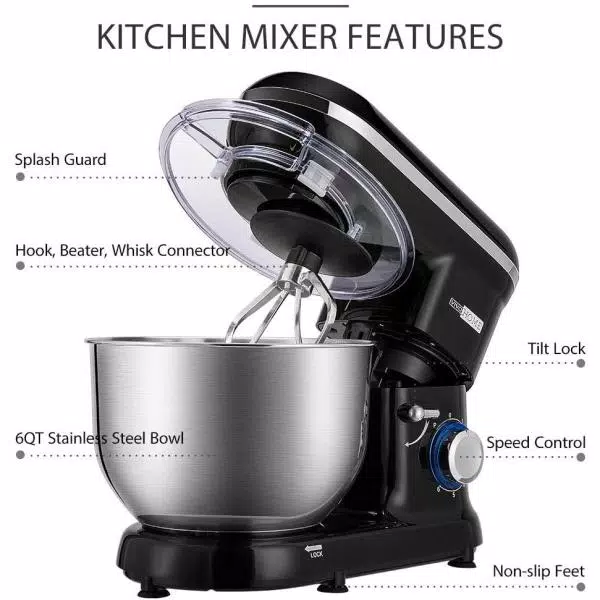 VIVOHOME 650W 6 Qt. Tilt-Head Kitchen Stand Mixer with 6 Speeds and Stainless Steel Bowl, Black