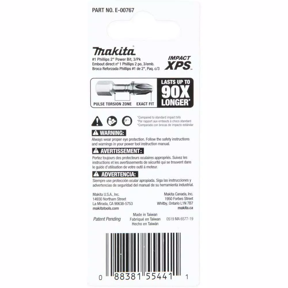 Makita ImpactXPS #1 Phillips 2 in. Power Bits, 3-Pack