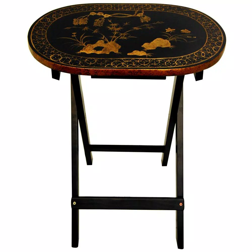Oriental Furniture 4-Pack Rosewood Folding TV Trays with Antique Gold Bamboo & Butterfly Motif
