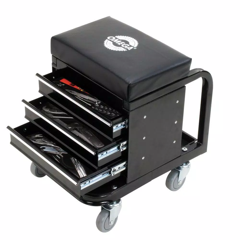 Omega 92450 Heavy Duty Mechanic's Creeper Seat with 3-Drawer Tool Box, 450 lb Capacity