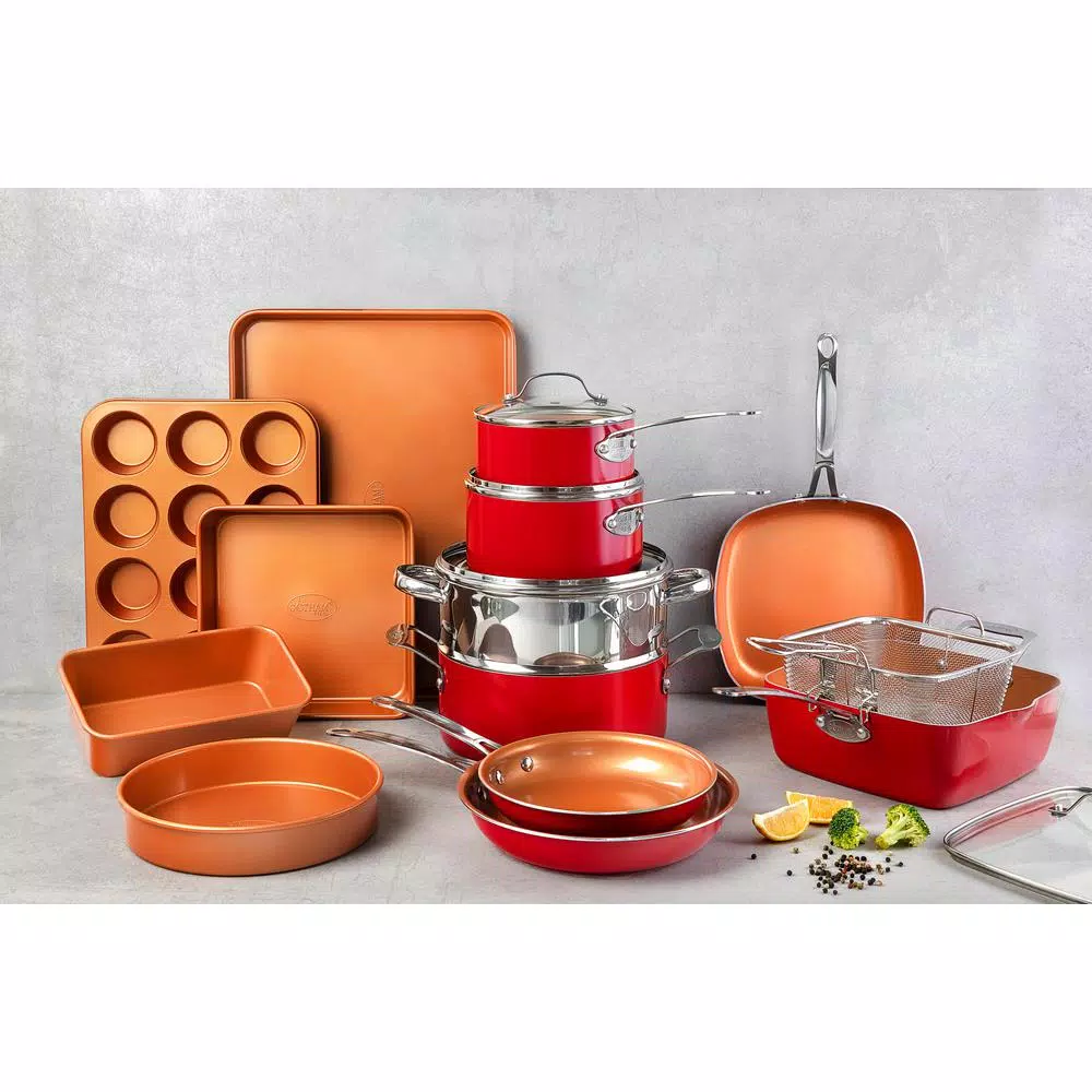Gotham Steel 20-Piece Ti-Ceramic Nonstick Cookware and Bakeware Set, Red